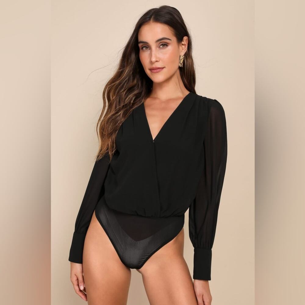 Lulus Sophisticated Aspect Black Chiffon Surplice Long Sleeve Bodysuit - Picture 4 of 7